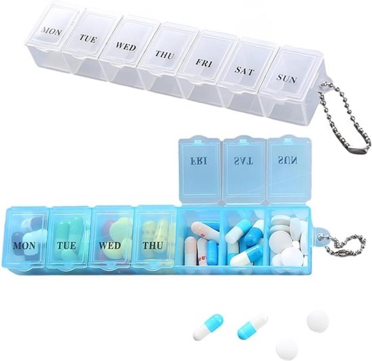 Pillendoos 2 stuks - 7-daags week systeem - Reisorganizer voor medicijnen vitamines supplementen - Wit & Blauw