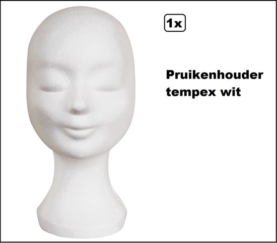 Witte tempex pruikenstandaard met gesloten ogen en een glimlach.