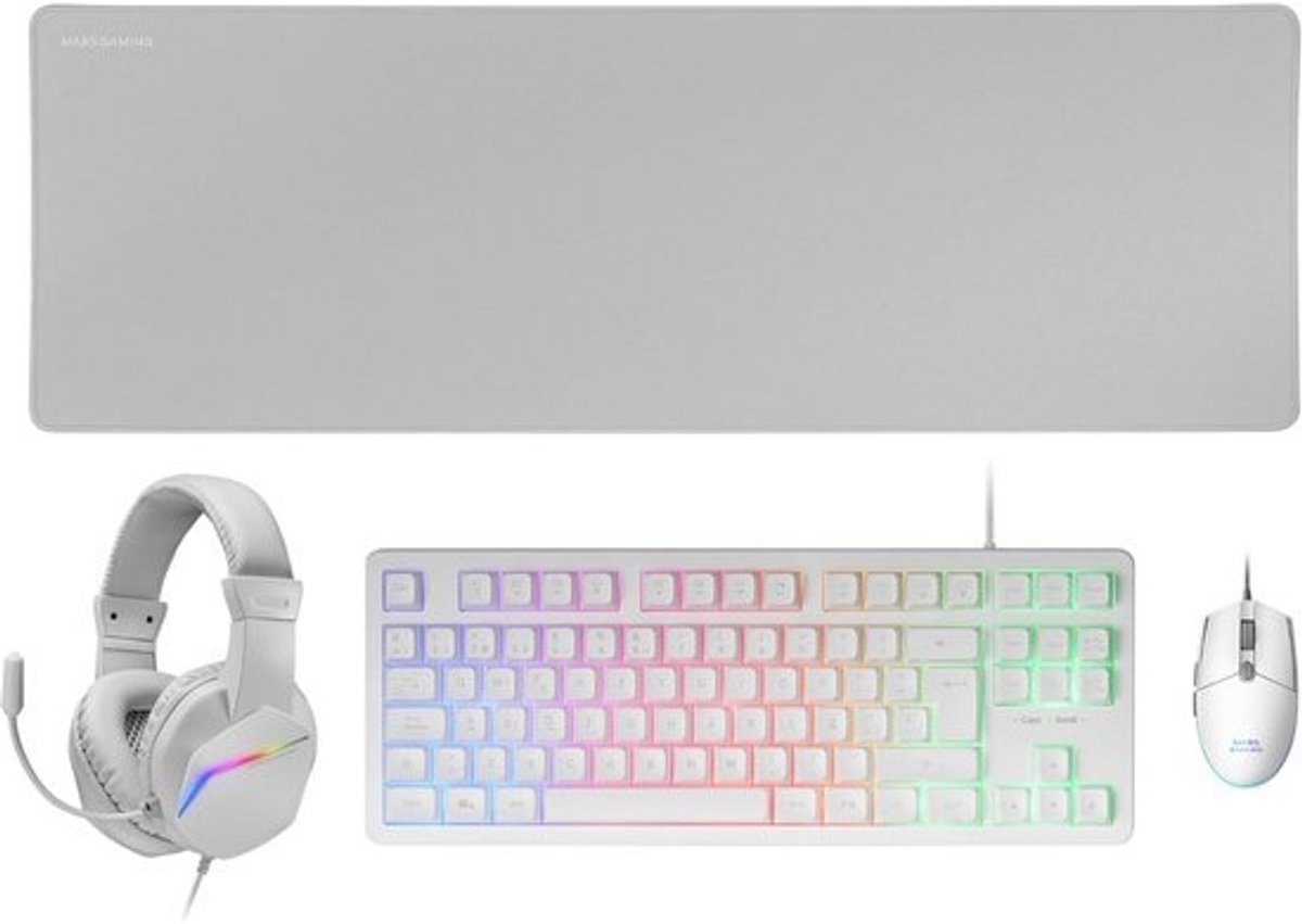 Gaming Toetsenbord en Muis Set Wit met XXL Muismat en Over-Ear Headset (QWERTY, Azerty, QWERTZ, Portugese Taal)