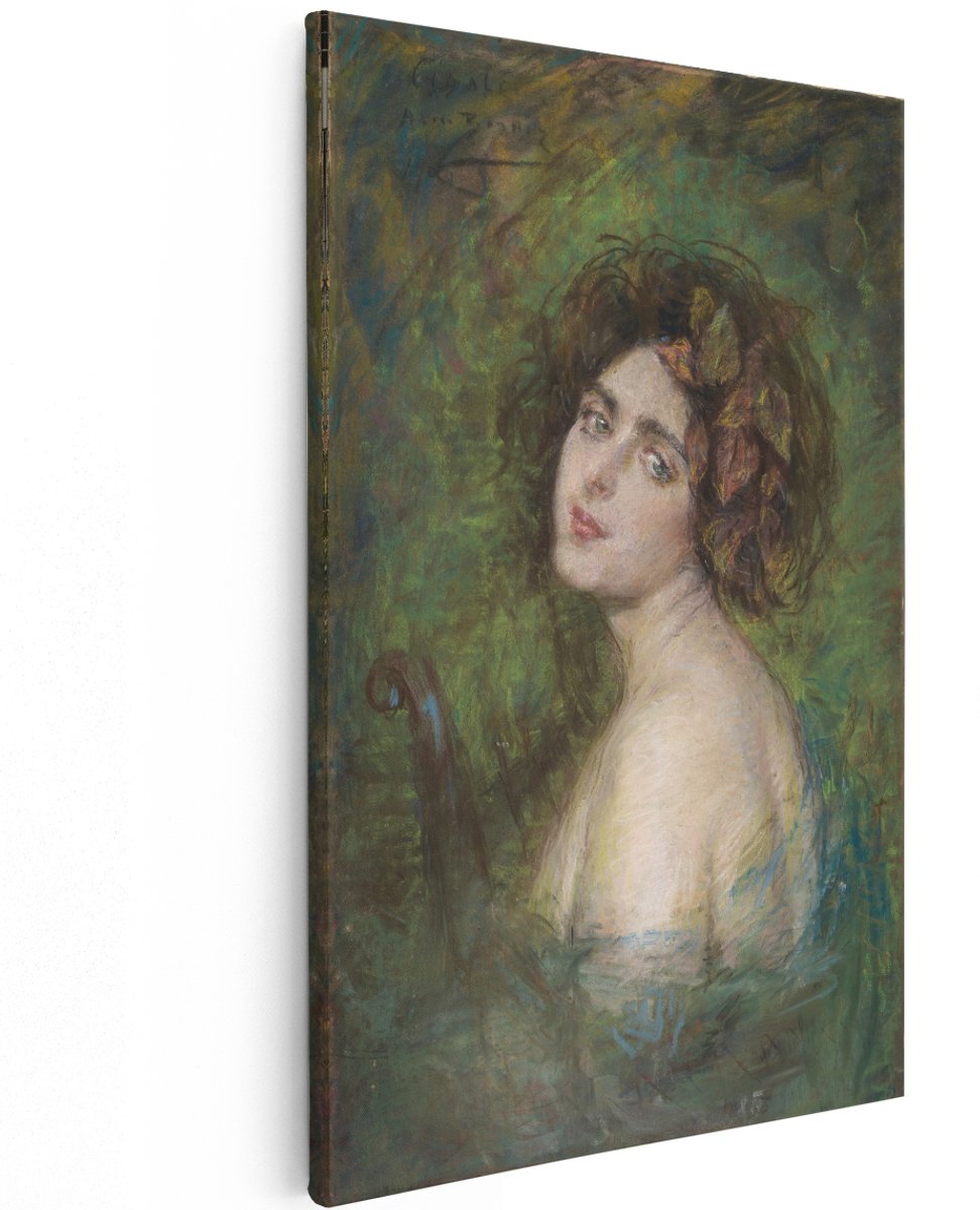 Artaza Canvas Schilderij Vrouw - 120x180 cm - Groot - Wanddecoratie Vintage Portret - Muurdecoratie Bloemen In Haar - Decoratie Groen