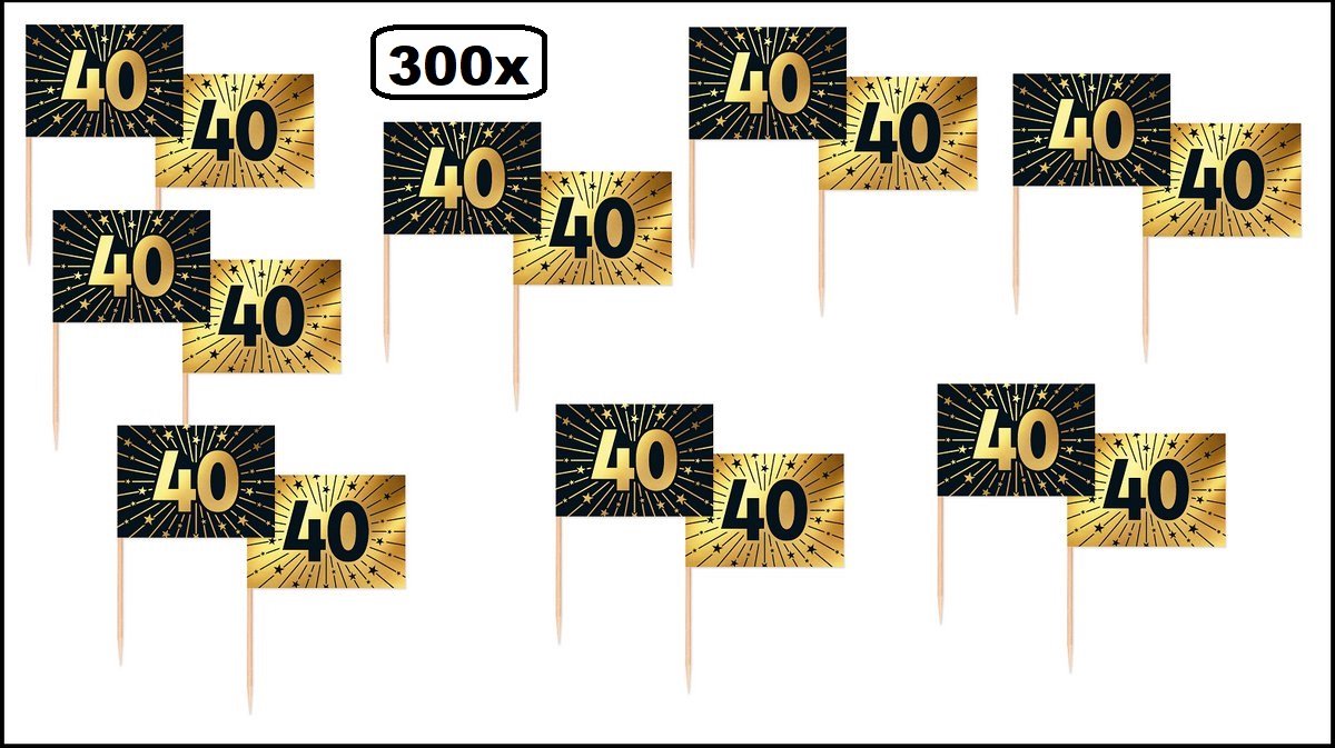 300 stuks Luxe Cocktailprikkers 40 jaar goud/zwart - Vlag prikker Jubileum verjaardag thema feest bruiloft cocktail prikker