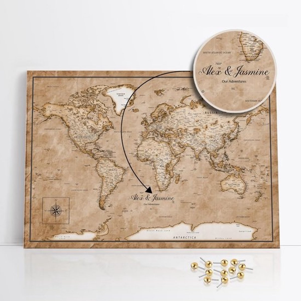 Gepersonaliseerde Wereldkaart - Prikbord Kaart - Reizen Markeren - Handgemaakt Op Maat - 90 x 60 cm - Oude Kaart