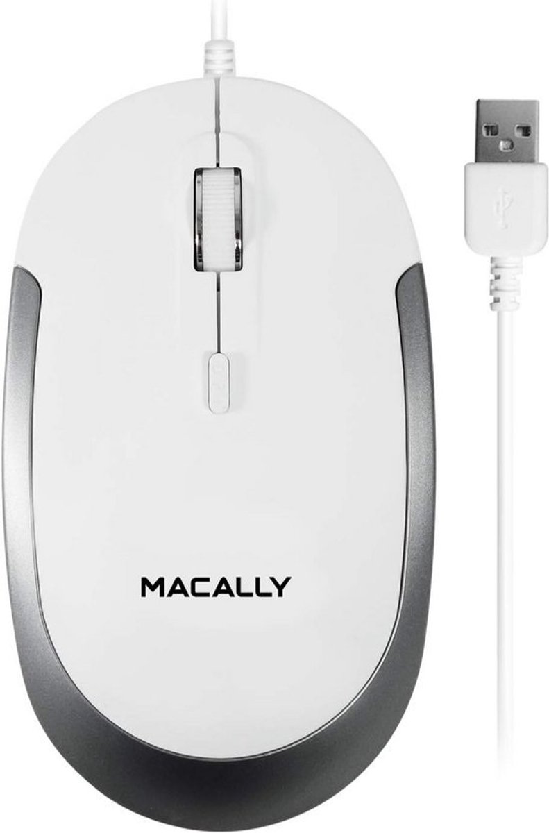 Macally DYNAMOUSE-W USB Optische Stille Muis 800-1600 DPI, Matte Wit/Zilver, Voor Mac en PC