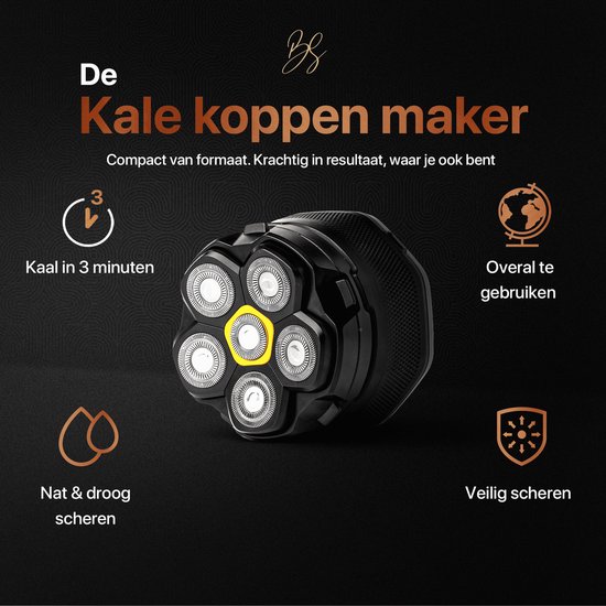 Scheerapparaat "De Kale koppen maker" met 6 bladen en een gele highlight. Iconen: tijd, druppel, wereldbol, schild.