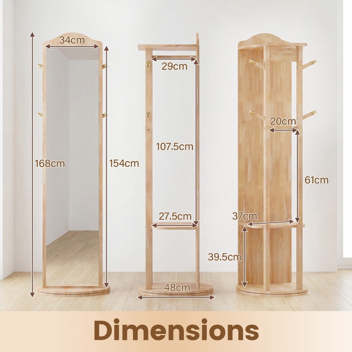 SureDeal® - Staande Spiegel - Volledige Llichaams - Standaard Draaibare Garderobe - Kleedspiegel Naturel - 48x168 cm - Naturel