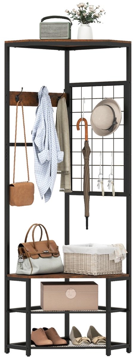 SureDeal® - Kapstok - Hoekkapstok Voet - Schoenenplanken Haken Anti - 49x49x171 cm - Koffiebruin