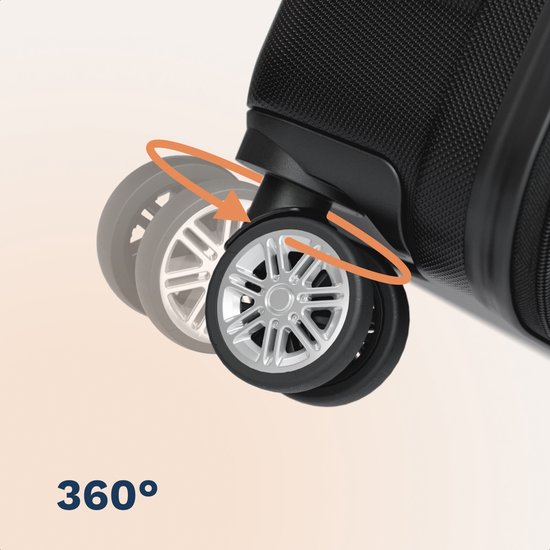 Close-up van een zwenkwiel van een zwarte TRVLMORE koffer dat 360 graden kan draaien.
