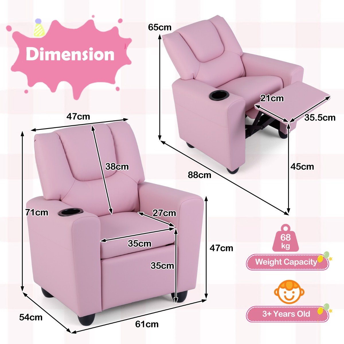 SureDeal® - Kinderbank - Kinderfauteuil - Relaxfunctie Stoffen - Verstelbare Rugleuning - Voetsteun - Bekerhouder - 61x54x71 cm - Roze