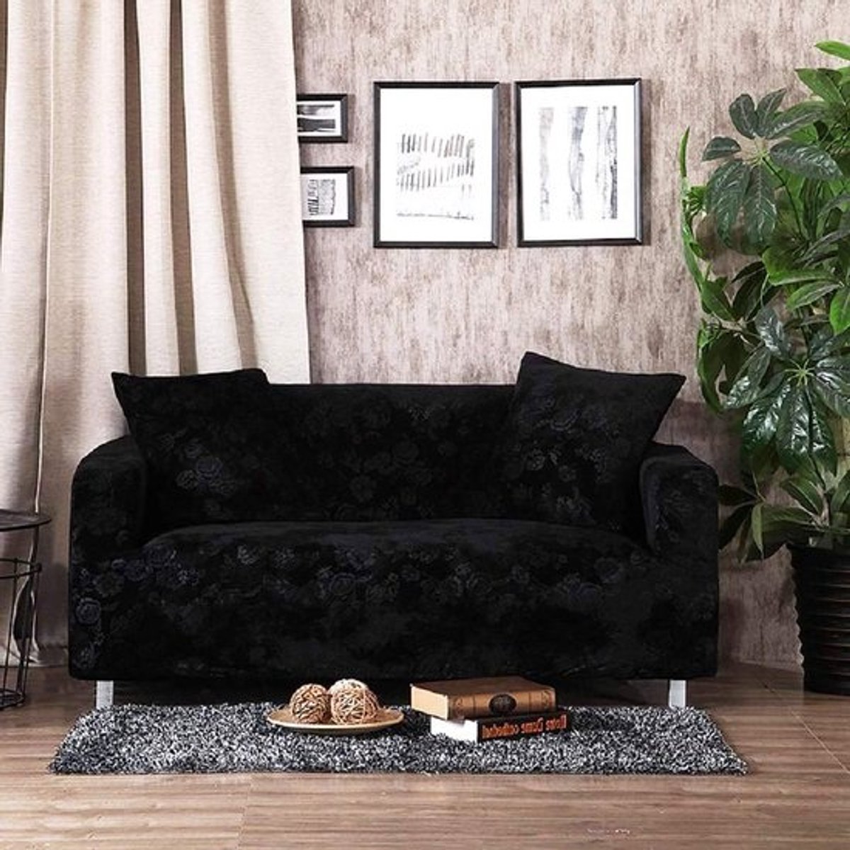 Bankhoes Fluweel - Meubelbeschermer Sofa - Meubels Beschermen - 3D Geborduurd Bloemendessin - 90-140 cm - Zwart