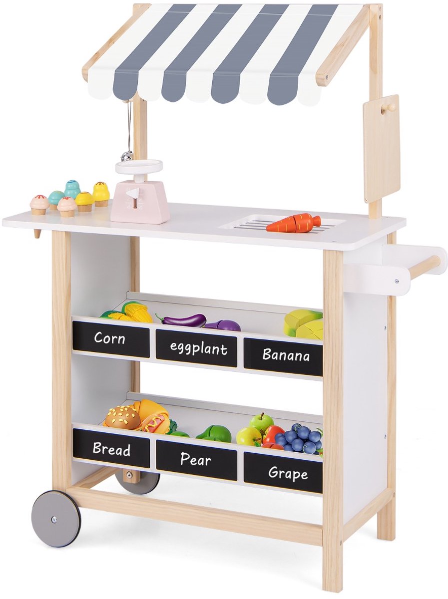 SureDeal® - Rollenspell - Kinder Ijskar - Ijsjes - Planken Houten Winkelwagen - 79x29x100 cm - Wit