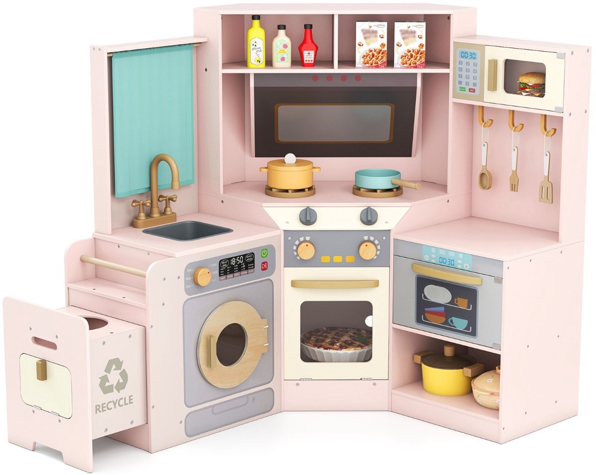 SureDeal® - Rollenspell - Hoekkeuken - Licht - Geluidseffecten Interactieve Houten - 118x59x93 cm - Roze