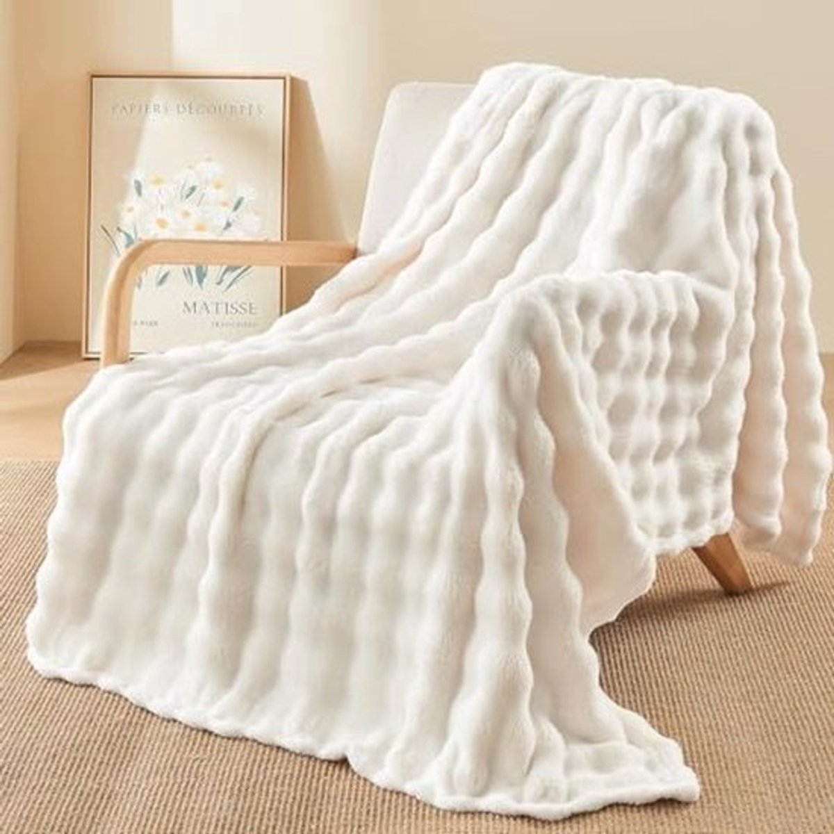 Ultrawarme fluwelen fleecedeken 160 x 200 cm - zacht en comfortabel voor op de bank - gebroken wit