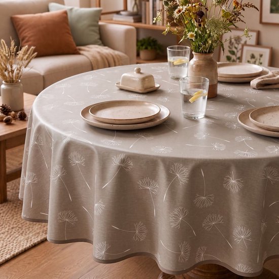Rond tafelzeil in beige met een wit paardenbloemprint en een grijze rand.