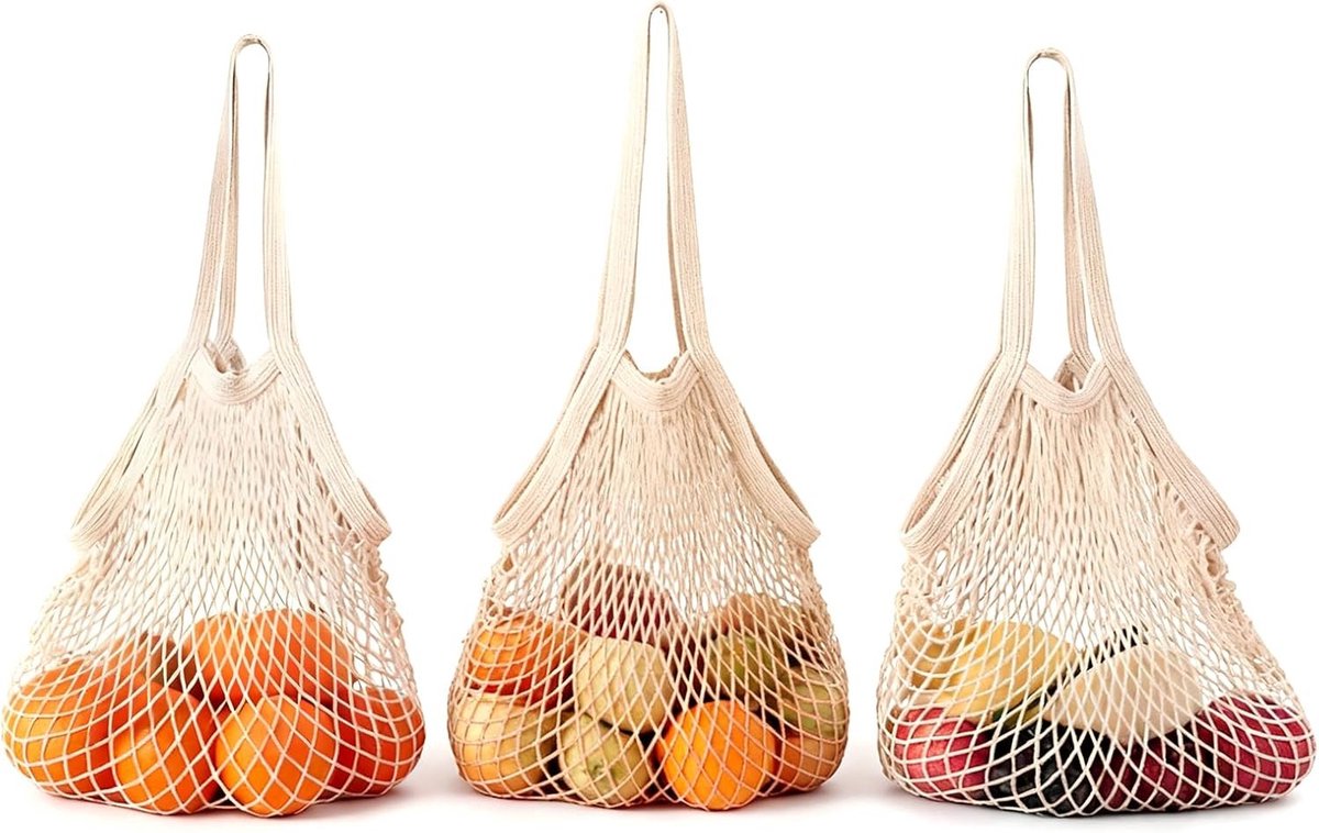 Herbruikbare Katoenen Shopping Bags, 3 Stuks, Netjes voor Groenten, Fruit en Speelgoed met Lange Handvatten