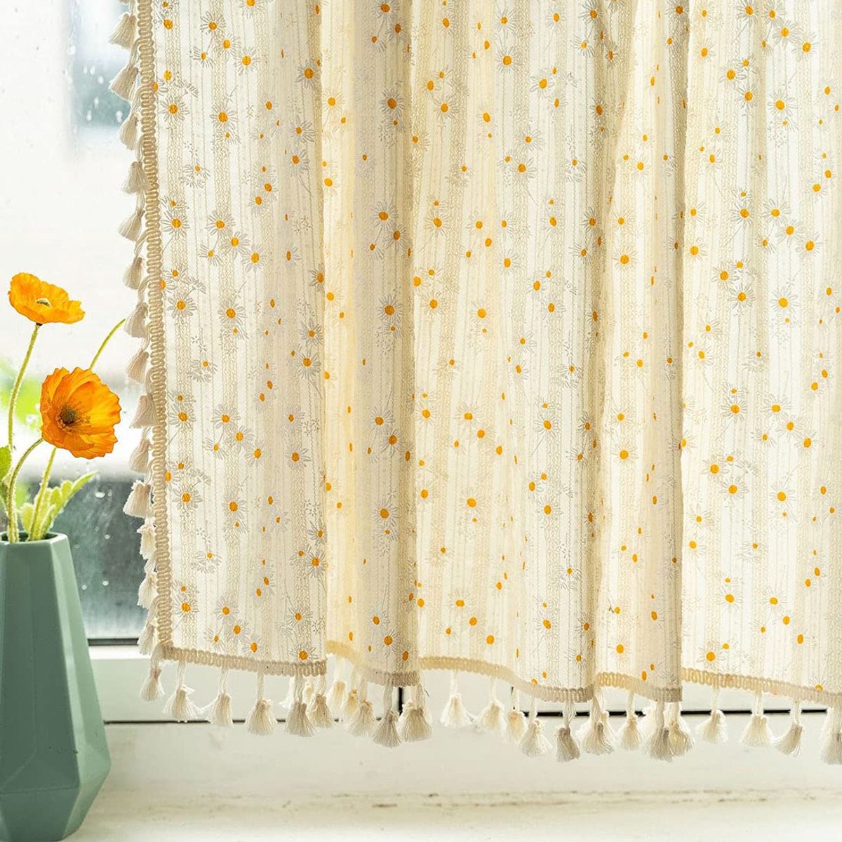 Gordijn - Kleine raamgordijnen - Boho Gordijn - Keukengordijn - Daisy Bloemengordijn - Katoenen Raamgordijn - Keuken Woonkamer Slaapkamer - 140 x 80 cm - Katoen - Beige