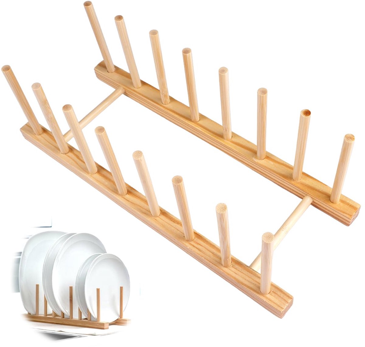 Houten Afdruiprek - Met 7 sleuven en 3 cm afstand - Ruimtebesparend voor borden, schalen, kopjes, snijplanken, pannen deksels en boeken in de keuken - 30 x 11,5 x 10 cm