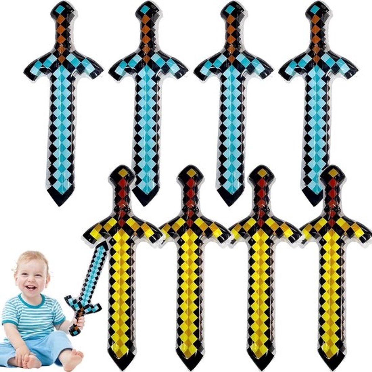 Set van 8 opblaasbare pixel zwaarden 63 cm - leuk speelgoed voor feestjes en cosplay