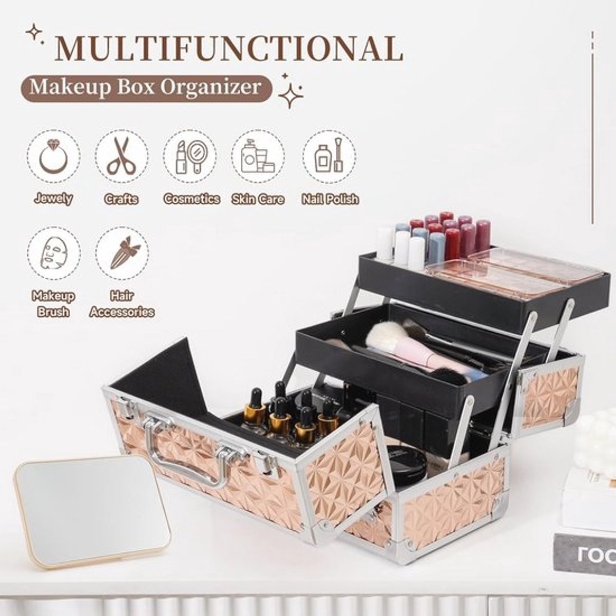Make-up Train Case Makeup Organizer met Spiegel en 2 Lades - Roze Goud
