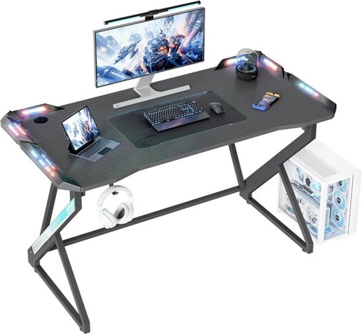 Gaming Bureau LED 100x60cm - Ergonomische PC Tafel met Z-Frame en Koolstofvezel Oppervlak
