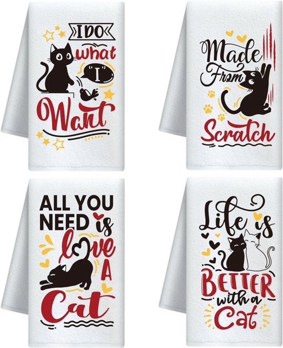 Grappige keukendoeken met zwarte kat | 4 stuks, sneldrogend microvezel | decoratief en praktisch