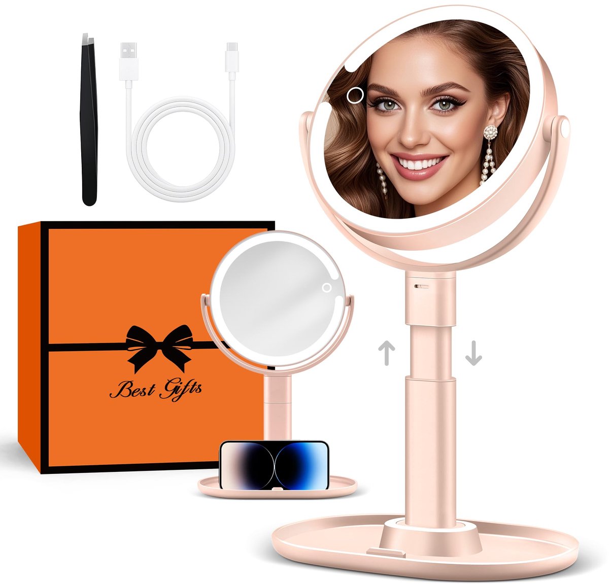 Verlichte Make-up Spiegel - 30x Vergroting - Dubbelzijdig - Met 3 Kleurlichten - Dimbaar LED - In Hoogte Verstelbaar - Voor de Badkamer - Roze
