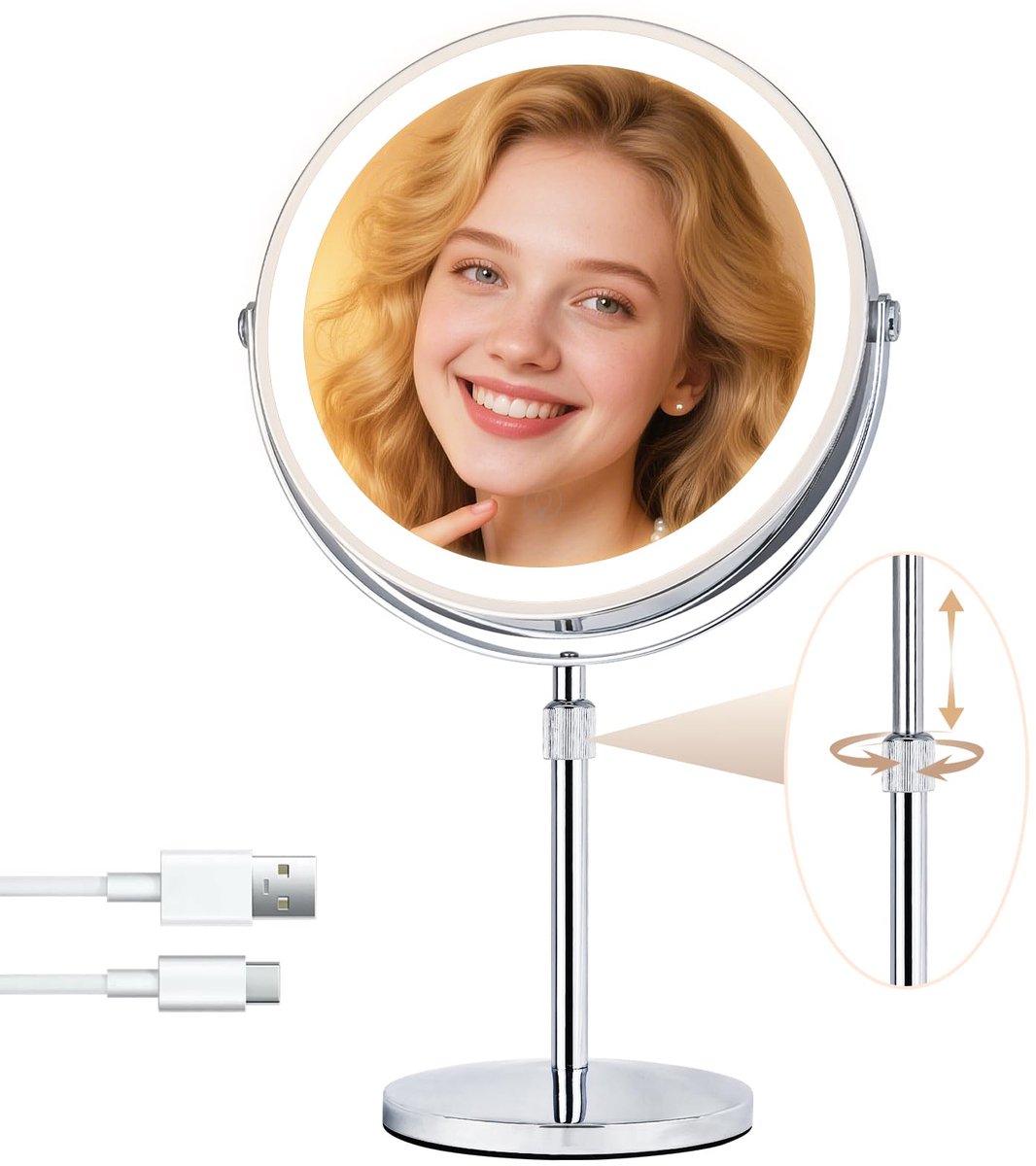 Oplaadbare Make-up spiegel - Met LED verlichting en 1X/10X vergroting - Dubbelzijdig draaibaar met in hoogte verstelbare standaard - 9 inch