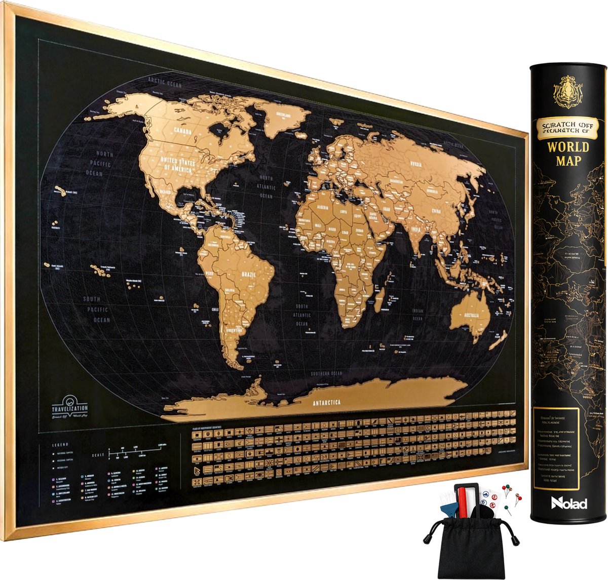 Nolad - Kras Wereldkaart - Scratch Map - Wereldkaart Wanddecoratie - Wereldkaart Poster - 82.5 x 59,5CM - Zwart