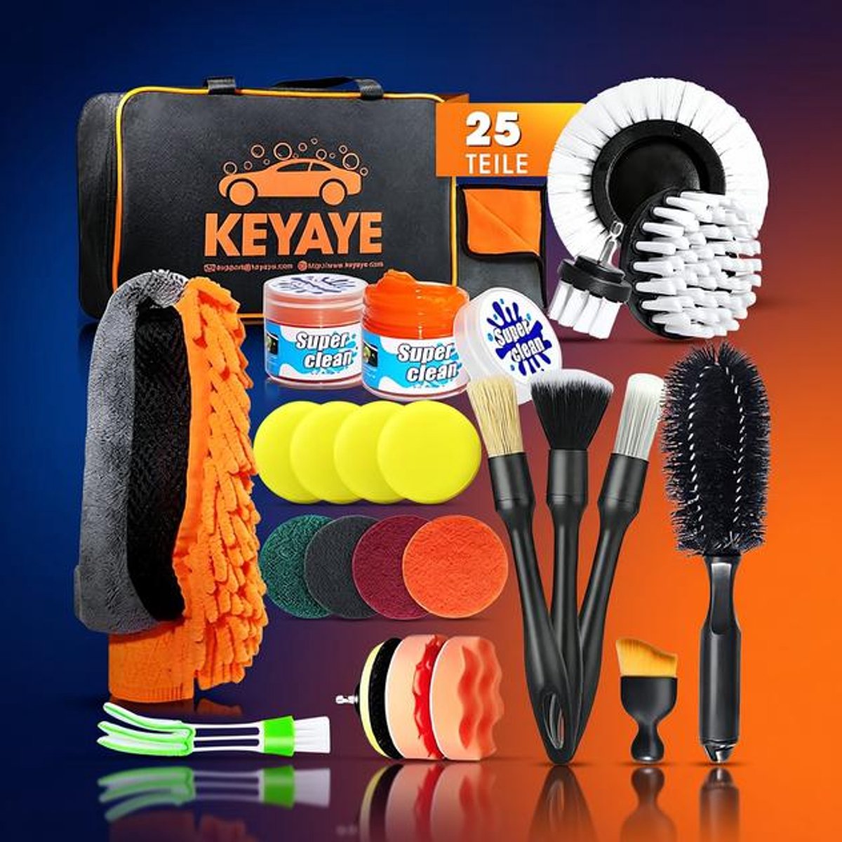 LoShop 25-delige Autoreinigingsset - Autodetailingset met Ultrazachte Borstels, Microvezeldoeken, Washandschoen, Velgenborstel, Boorborstelset en Opbergtas