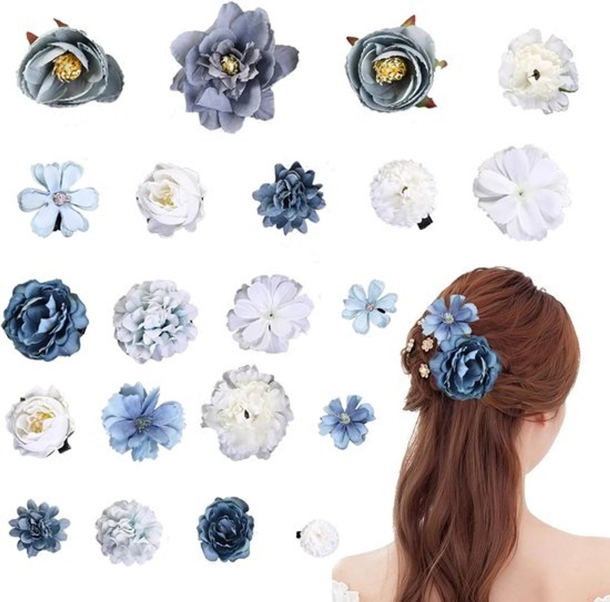 Bloemenhaarspeld - Haarclip Bloesem - Haar Styling - Realistisch Bloemendesign - 21 stuks - Blauw-Wit