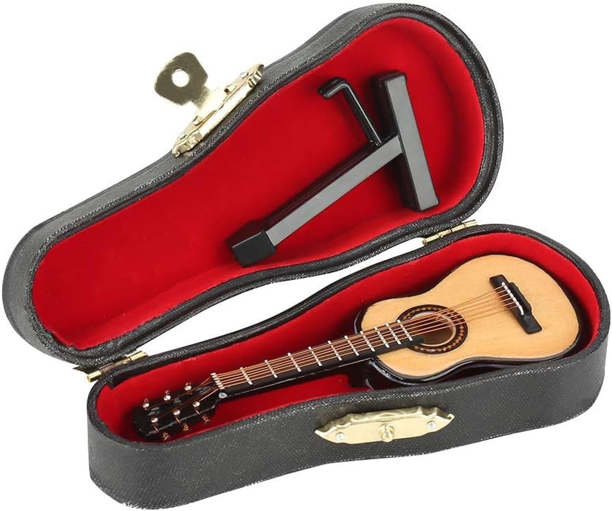 Miniatuur houten gitaar met standaard - decoratief model voor muziekliefhebbers, handgemaakt ornament voor thuisdecoratie
