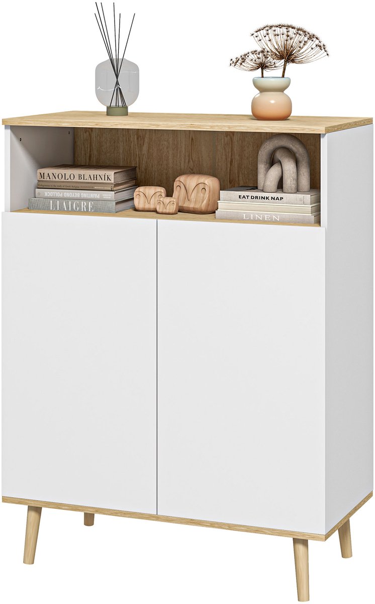 Opbergkast, dressoir, keuken, Scandinavisch design, met 2 deuren, verstelbare plank, poten van massief hout, 80 x 38 x 102 cm, wit en houtlook