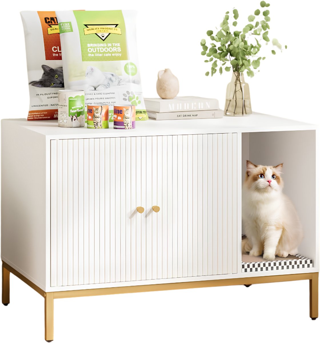 Lìon® Kattenhuis - met Dubbele Deuren - Kattenbak Ombouw - Kattenbak Kast - Wit - 55cm x 80cm x 55cm
