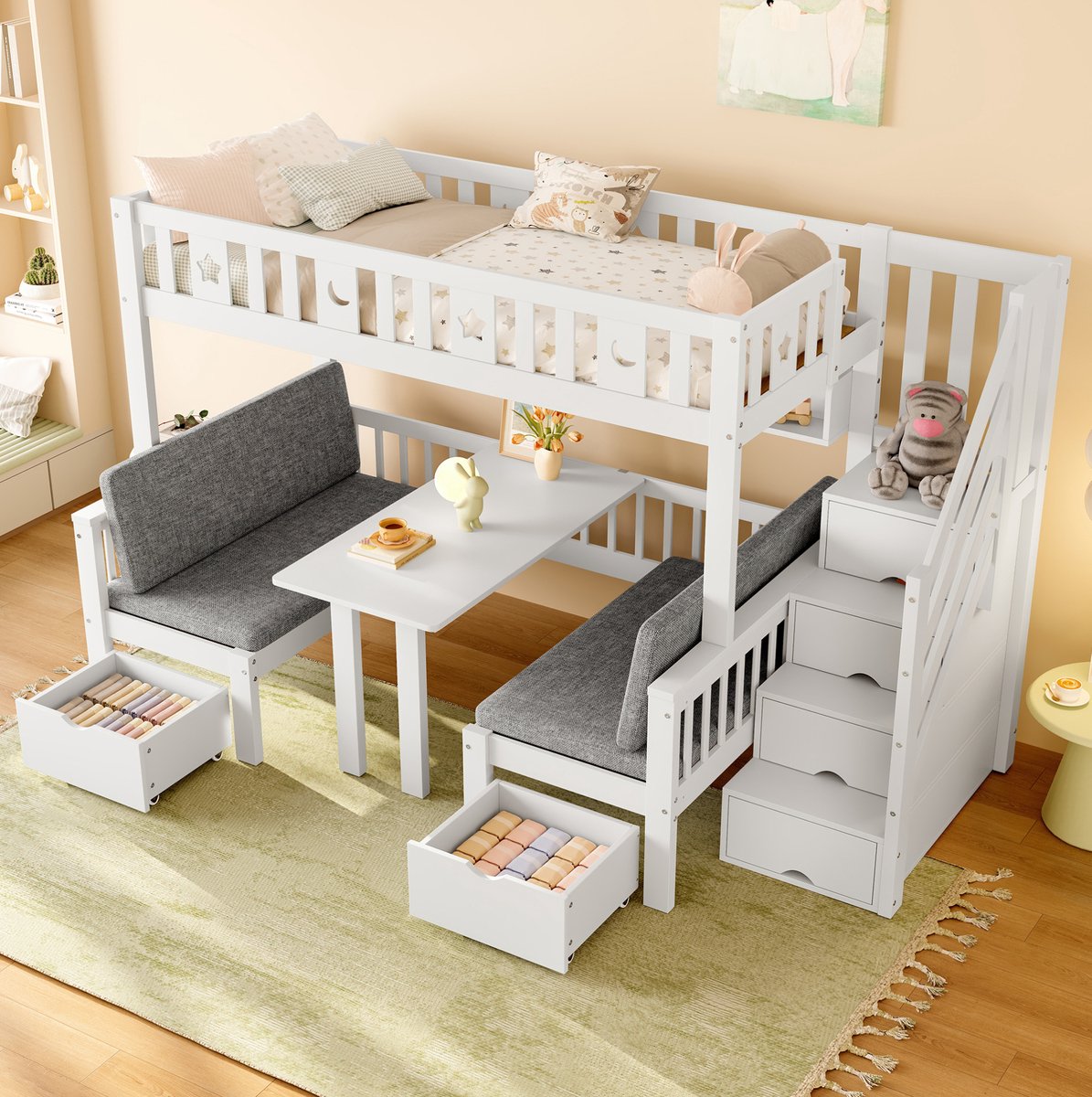 REDOM - Hoogslaper - 2-in-1 bed en bureau - Inclusief opbergruimte en trap - Met uitvalbeveiliging - Kinderen - Hout - Wit - 90 x 200 cm