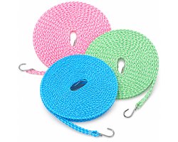 Kaiyaya - 3 Stuks Waslijn - Met Haken Waslijndraad - Draagbaar Windbestendig - Set van 3 Waslijn - Blauw Groen Roze 3 x 10 Meter