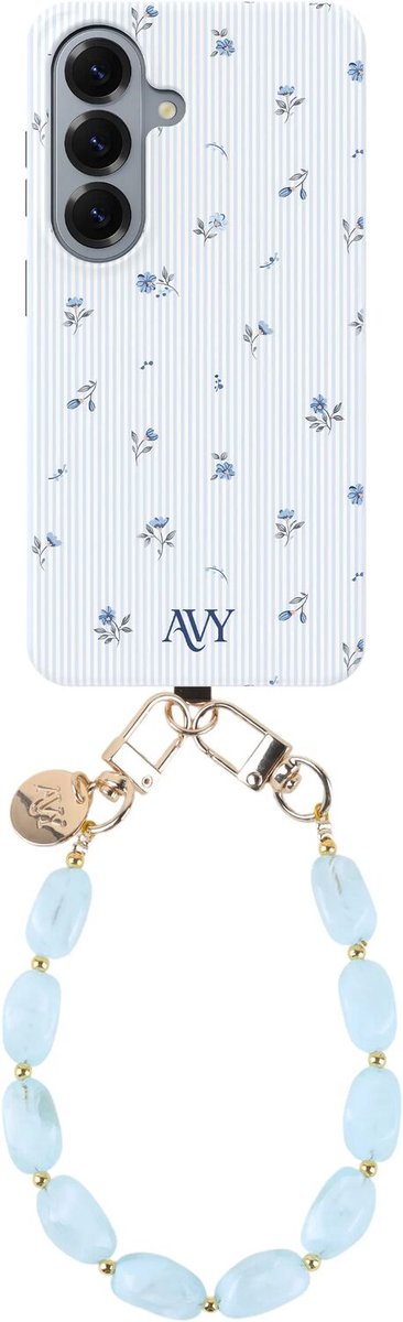 AVY Hoesje Met Telefoonkoord | Geschikt voor Samsung Galaxy S25 | Compatibel met MagSafe & Qi2 | Hard Shell Back Cover | Stijlvol Bijpassend Koord Polsbandje (32CM) | Sky Blossom