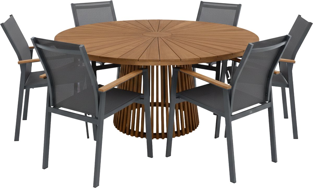 AXI Hani/Alva 150 cm Dining Tuinset 7-delig Teak/Aluminium – Massief Teakhout – Tuinset 6 Personen – Ronde Tuintafel 150 cm – 6 Aluminium Tuinstoelen met Sling – Luxe Tuinmeubelen Set