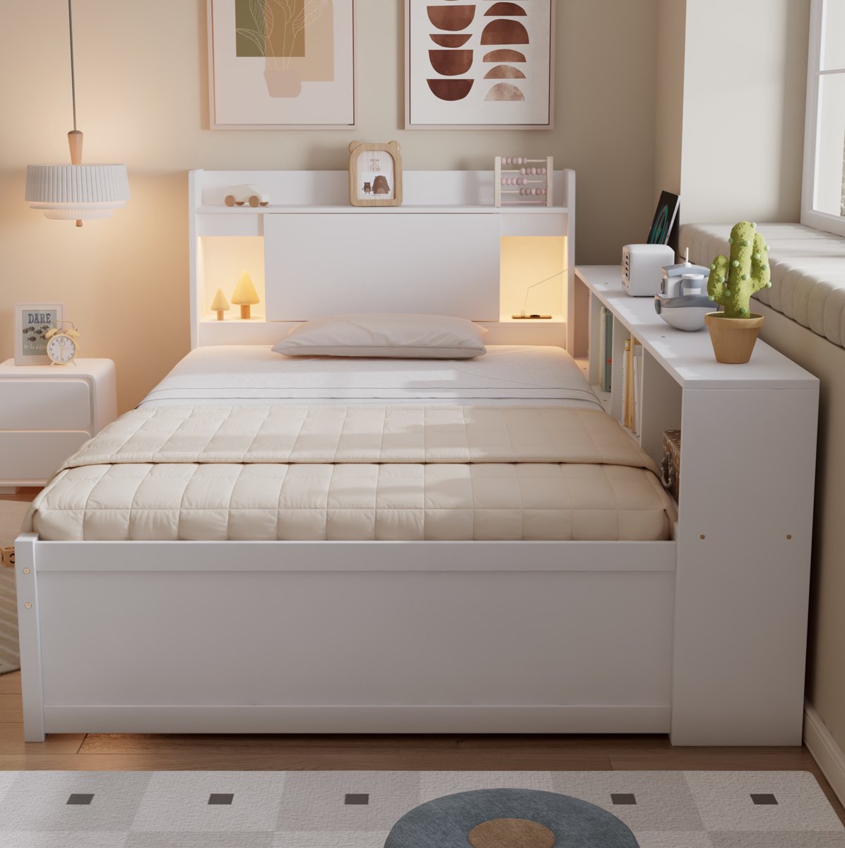 REDOM - Bed frame - Opbergruimte en lade - Met verlichting en laadstation - Modern - Slaapkamer - Hout, MDF en Spaanplaat - Wit - 90 x 200 cm