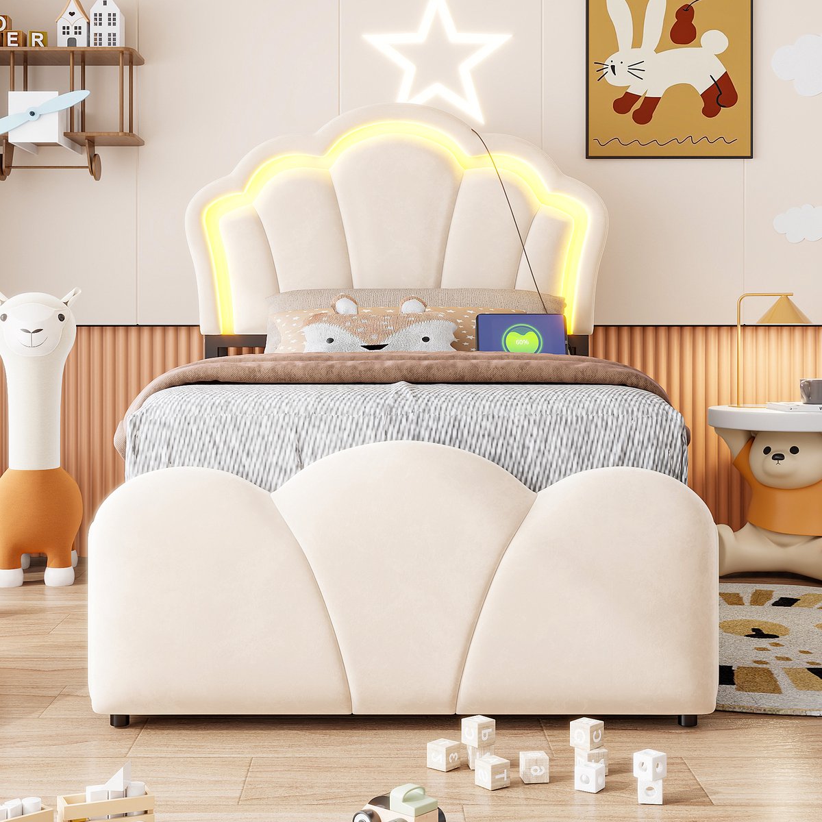 VVBV Bed met Opbergruimte 90x200 – Gestoffeerd Tweepersoonsbed van Upholstered met Hydraulische Opbergruimte, Lades en Opberghoofdbord – Beige