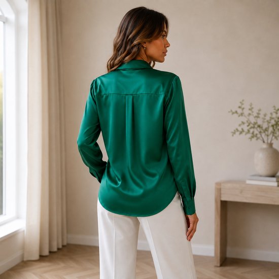 Model draagt smaragdgroene satijnen blouse met lange mouwen, van achteren gezien.