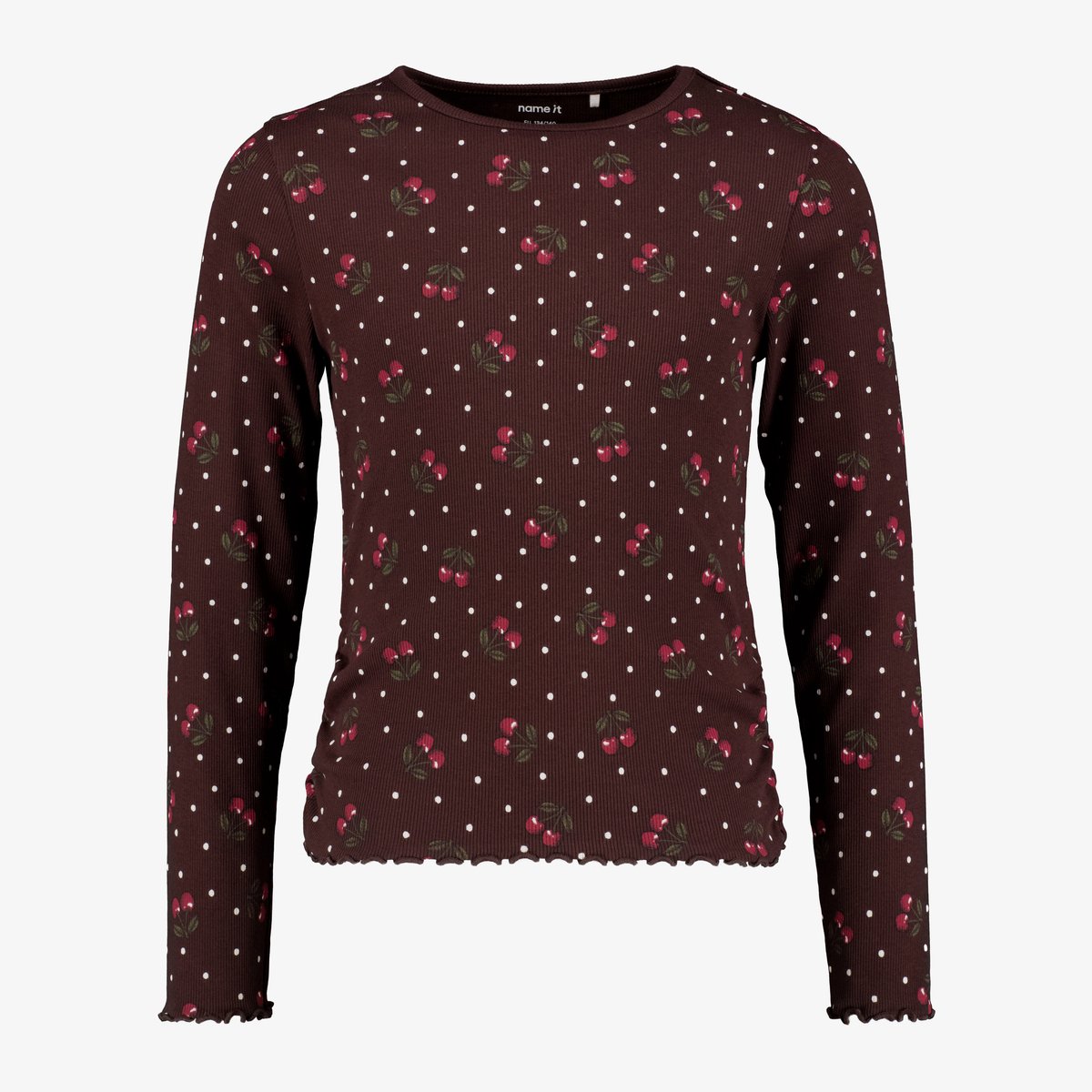 Name It geribd meisjes shirt met kersjes roodbruin - Maat 98