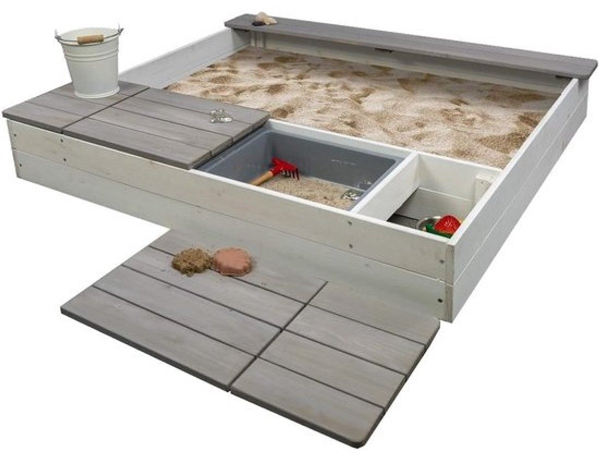 Houten Zandbak met Opbergvakken voor Kinderen - Wit/Grijs