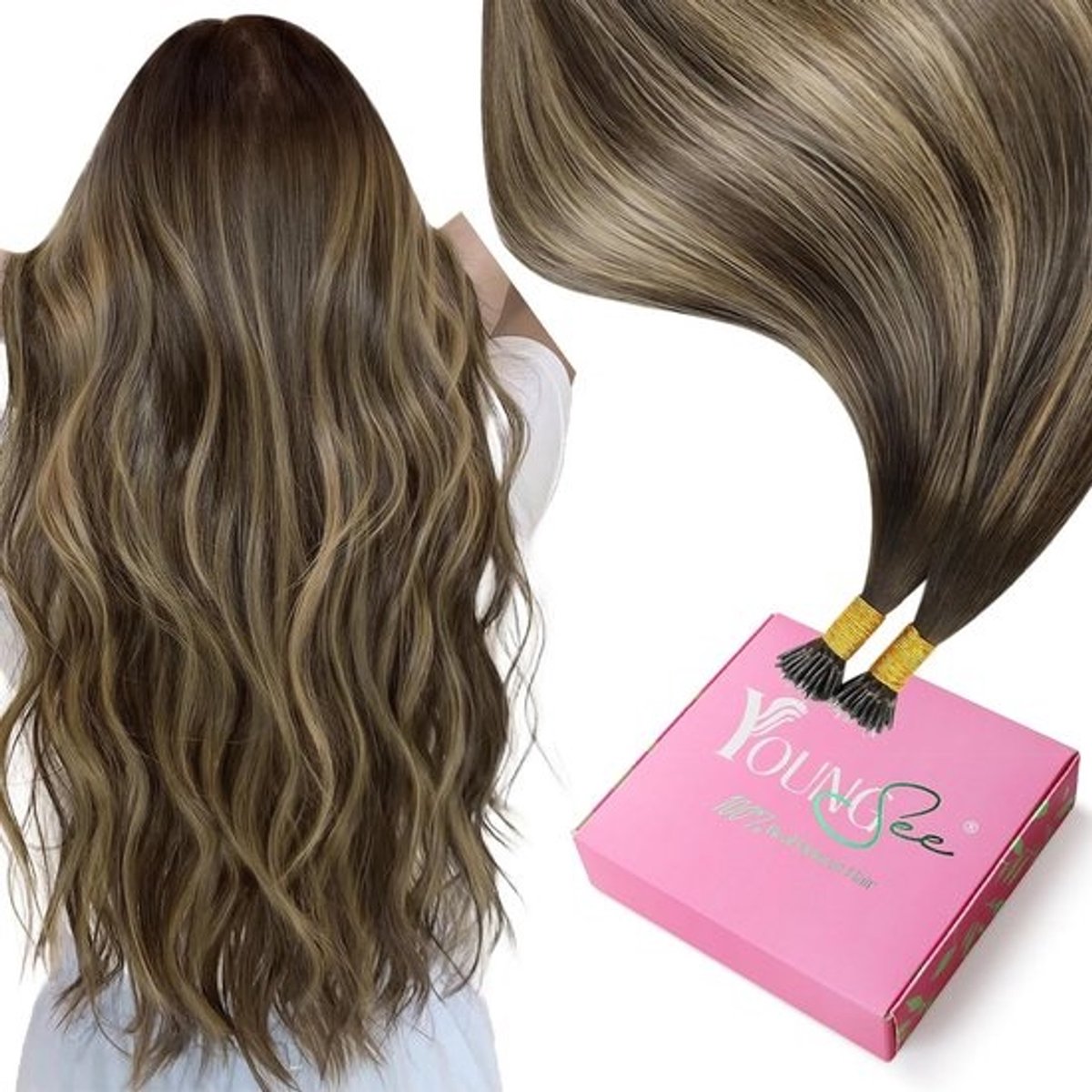 Nano Beads Haarverlenging Menselijk Haar Ombre Donkerbruin naar Roséblond 60 cm (50G)