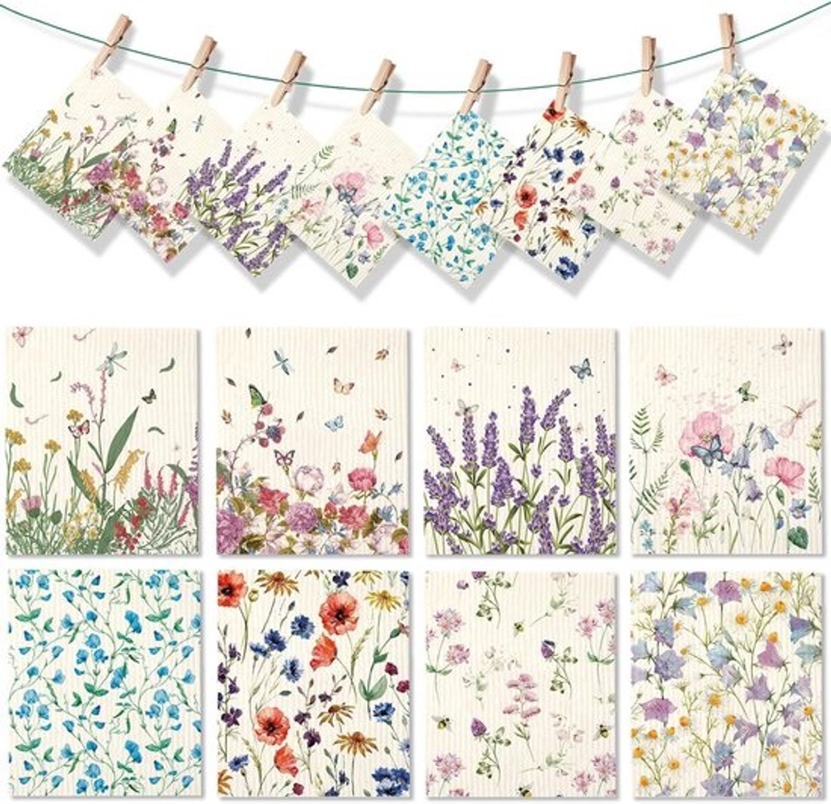 Set van 8 Keukendoeken met Wilde Bloemen en Vlinders - Extra Absorberend en Sneldrogend
