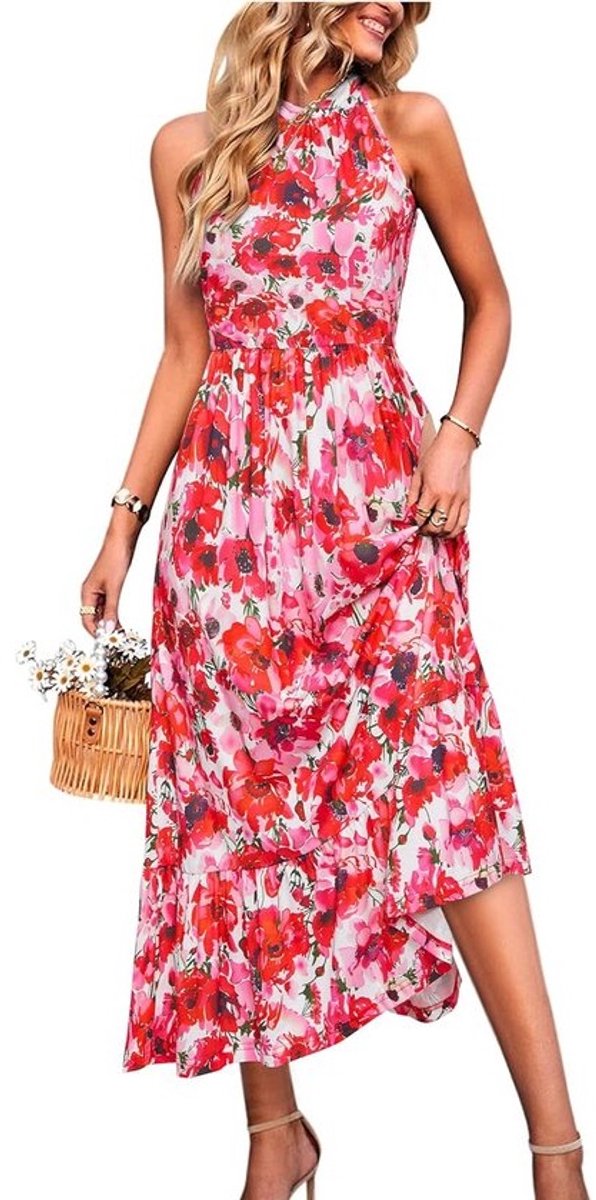Maxi zomerjurk voor dames, mouwloos, halterhals, bloemenprint, ideaal voor vakanties