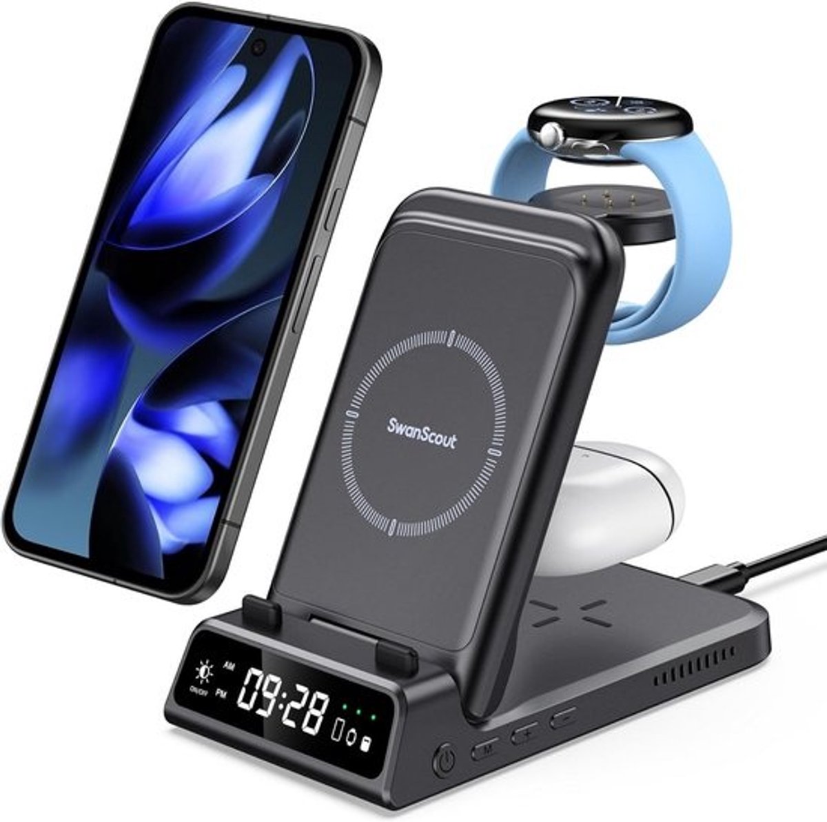 3-in-1 Draadloze Oplader voor Google Pixel 9 Pro/8/7/6 Telefoon, Pixel Watch 3/2 en Pixel Buds Pro 2
