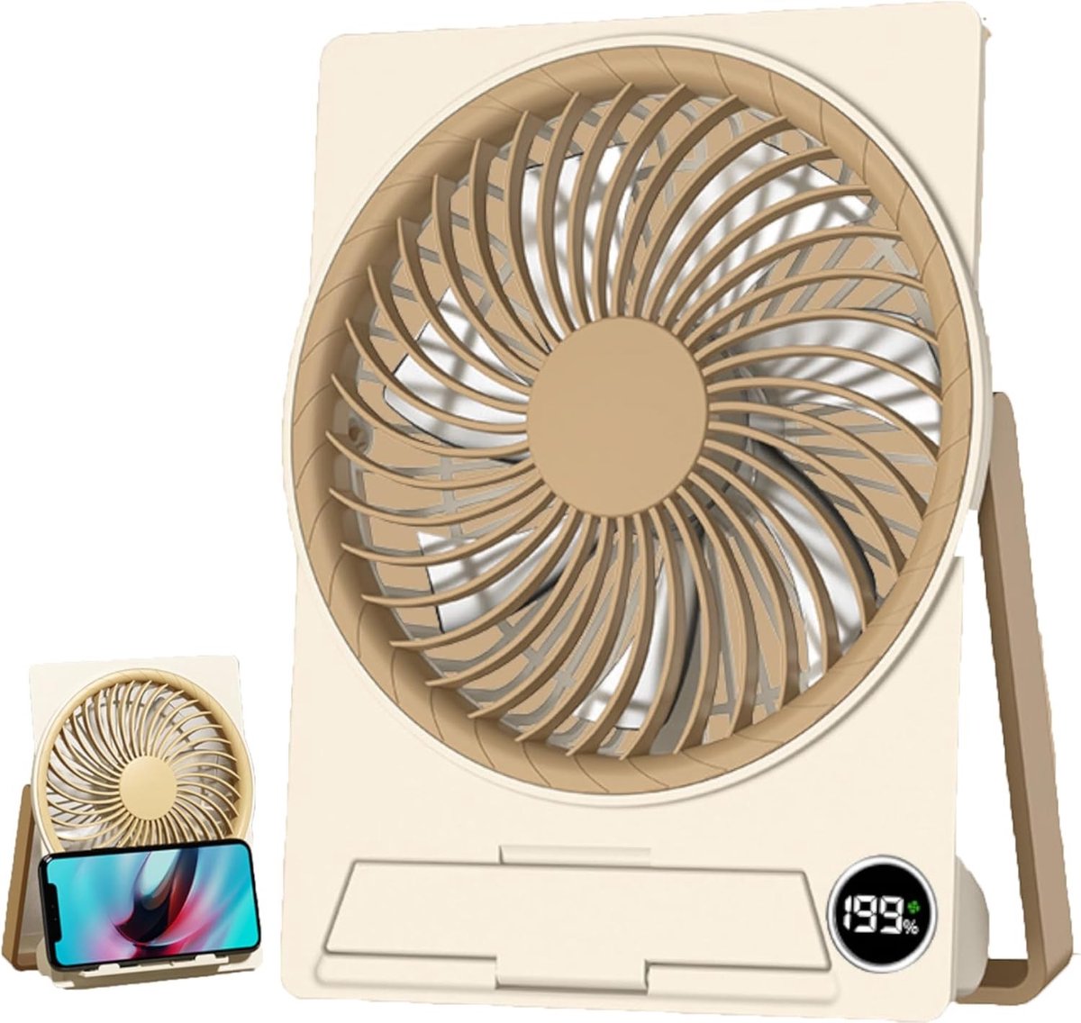 Ultradunne Mini Tafelventilator - Kaki - 18 x 14 x 3,5 cm - Draagbare Accu Ventilator met Telefoonhouder - Voor Binnen en Buiten