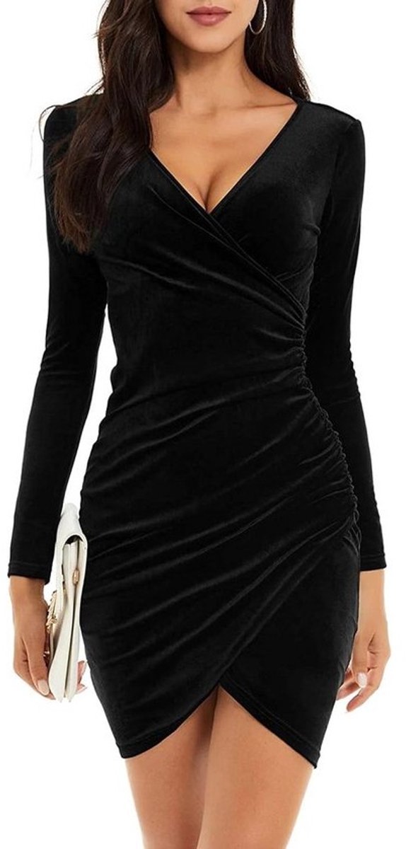 Elegante Fluvelen Jurk Dames met Lange Mouwen en V-Hals - Sexy Cocktail- en Feestjurk