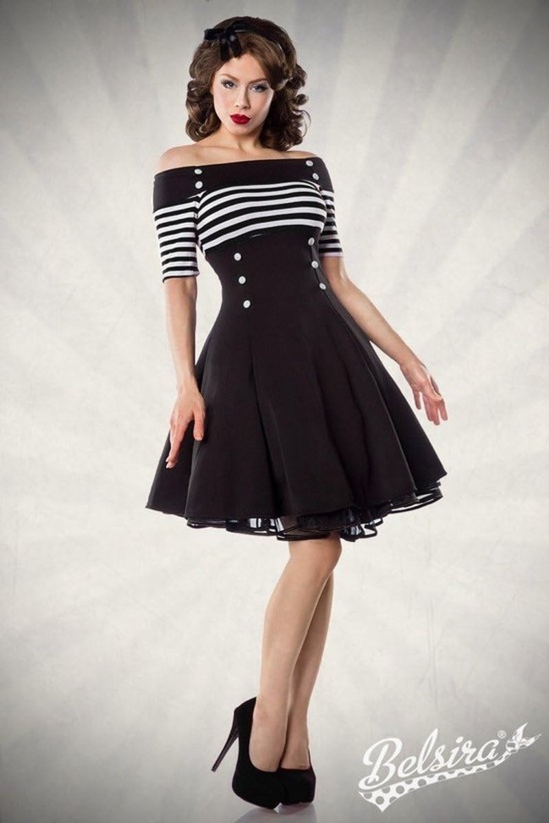 Vintage jurk met gestreepte bovenkant en uitgesneden rok, zwarte en blauwe strepen, mouwloos, korte mouwen, maten 32-40