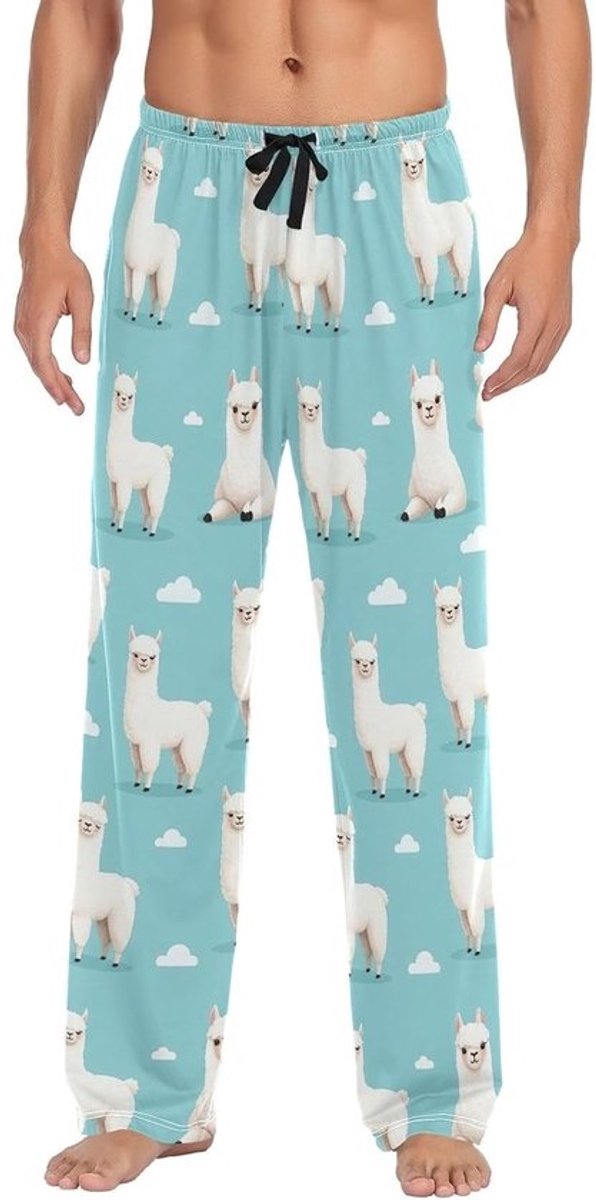 Pyjamabroek Heren - Loungebroek - Ontspannen Thuis - Met Steekzakken - Maat S-XXL - Wit Llama Print