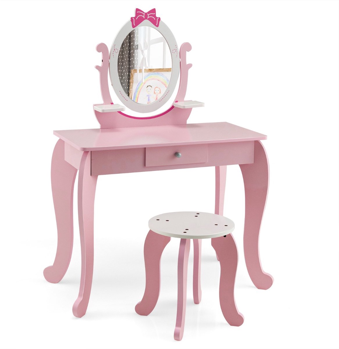 SureDeal® - Kinderkaptafel - Draaibare Spiegel Krukje - Opbergplanken - Kinderen Jaar Roze - 70x34x101 cm - Roze
